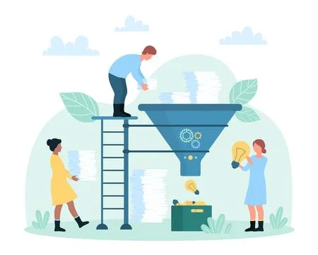 Office paperwork, generator and conversion of creative ideas in funnel by tiny Stock Illustration