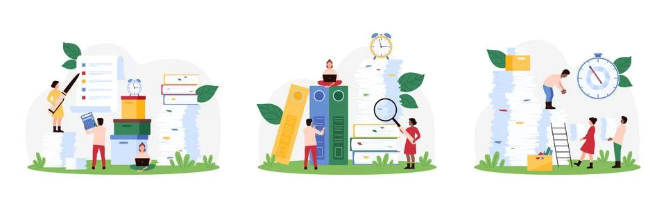 Office paperwork management and data administration, accounting by tiny people Illustrazione stock