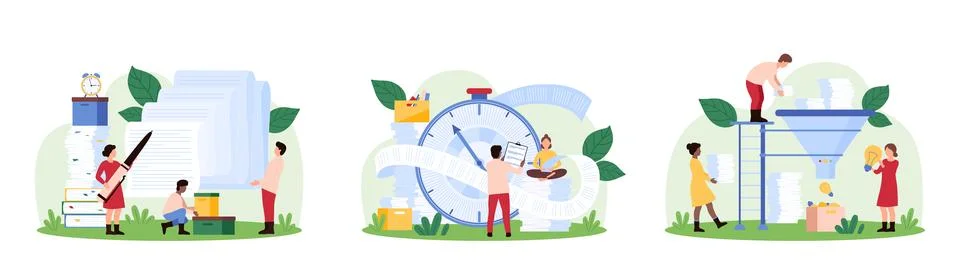 Office paperwork management, documentary administration by tiny people Stockillustratie