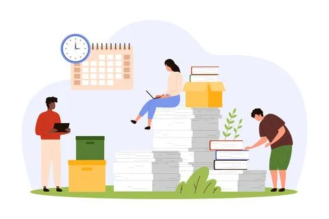 Office paperwork organization, information storage, data management by busy tiny Stock Illustration