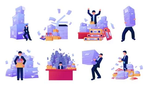 Office paperwork. Overworked worker with documents stacks. Messy desks. Work 库存插图