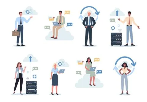 Office people and the cloud technology. Data information exchange, Stock Illustration