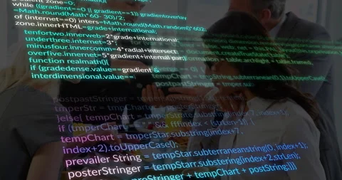 In office, people collaborating with computer code overlaying animation on Stock Footage 303607918