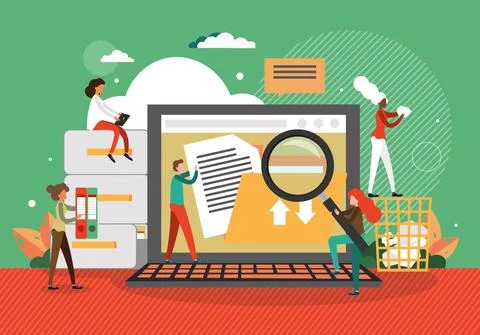 Office people creating folders, saving office electronic documents, flat vector Stock Illustration