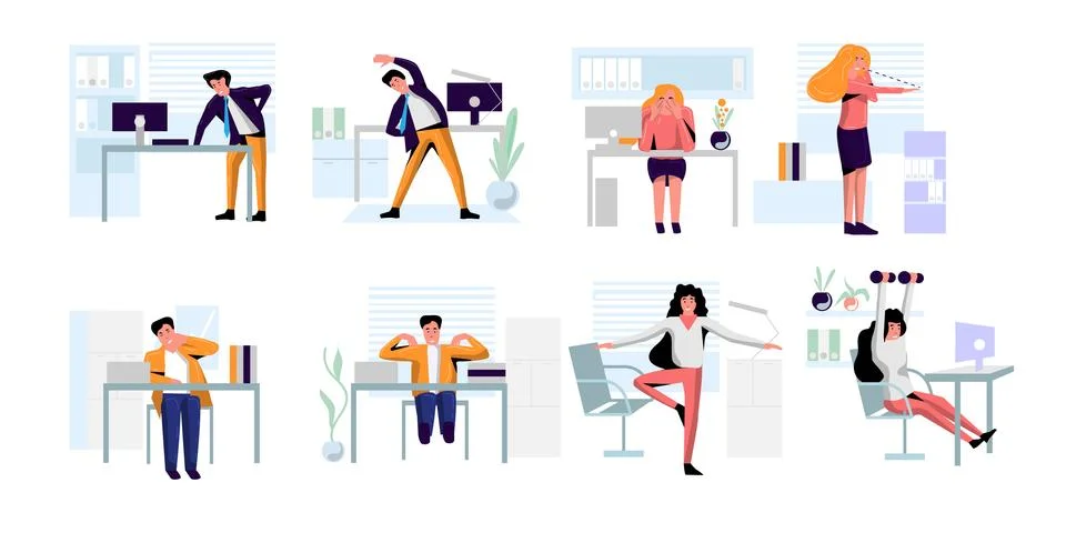 Office people practicing workout doing warm up yoga exercise Stock Illustration