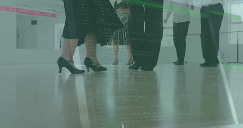 In office, people standing while computer code animation overlays their Stock Footage 306267896