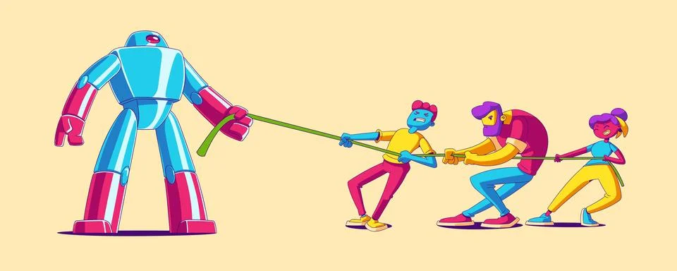 Office People team tug of war battle with robot Stock Illustration