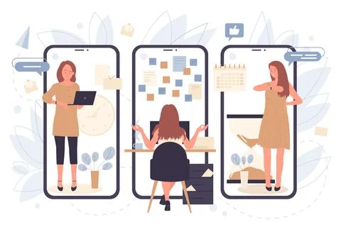 Office people work and control time on screens of phones, effective time Stock Illustration