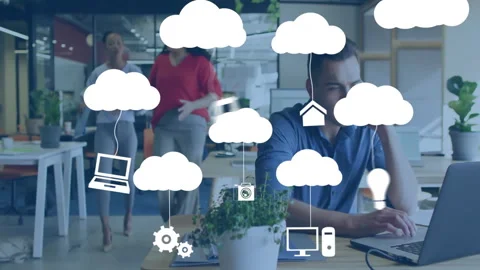 In office, people working with cloud computing icons overlaying, creating Stock Footage 303429713