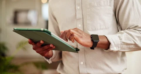 Office, person and hands with tablet for web designer, software update or scroll Stock Footage 305880859