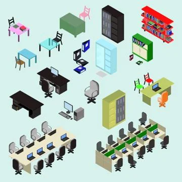 Office place, set of isometric elements 스톡 일러스트