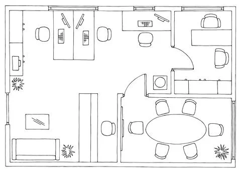 Office plan architecture floor interior furniture graphic black white sketch ill Stock Illustration
