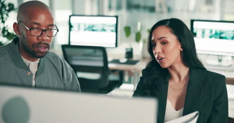 Office, planning and people with computer at desk for information technology Stock Footage 286416081