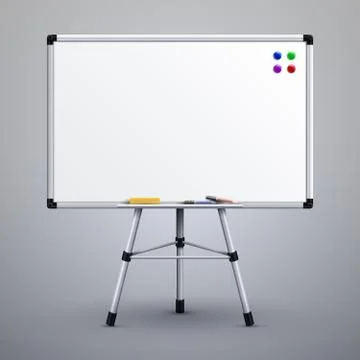 Office presentation whiteboard on tripod. Blank classroom white noticeboard 3d Illustrazione stock