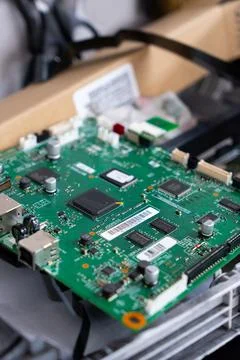 Office printer circuit board during repair Stockfoto's