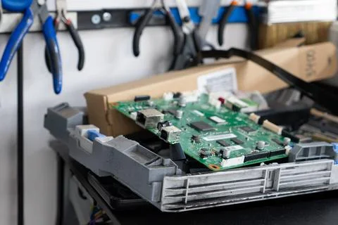 Office printer circuit board during repair Stockfoto's