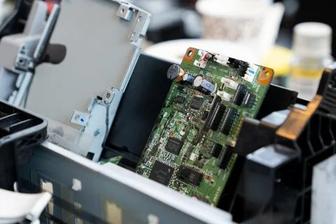 Office printer circuit board during repair Stockfoto's