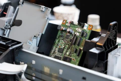 Office printer circuit board during repair Stockfoto's
