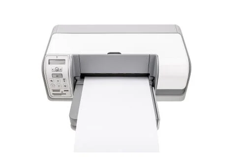 Office printer with a clean paper for text. Isolated on white background. Stock Photos