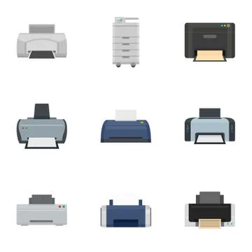 Office printer icon set, flat style Stock Illustration
