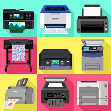 Office printer icon set, flat style Stockillustratie
