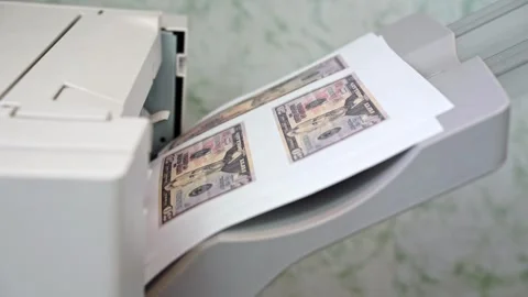 Office printer prints counterfeit money, paper with picture come out on tray Stock Footage 278560772