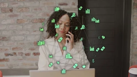Office pro seeing green data overlay, picking up smartphone, calling about data Stock Footage 335235669