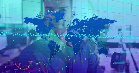 Office professional leaning on hand in open office, featuring animated world map Video stock 307450357