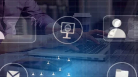 Office professional typing on laptop, causing phone icons mapping nodes, Stock Footage 335732046