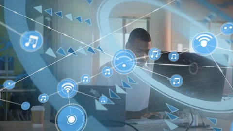 Office professional typing laptop driving tech UI network of arrows and icons Stock Footage 310150992