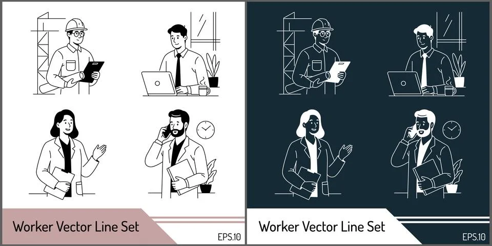 Office professional workers vector line art illustration set silhouette Stock Illustration