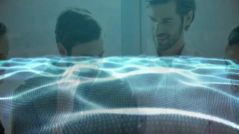 Office professionals conversing, activating holographic waveform for business Stock Footage 325774808