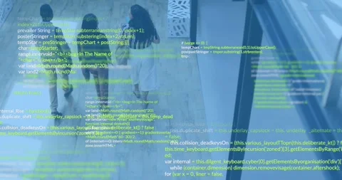 Office professionals entering view walking corridor with green code overlay Stock Footage 318063316