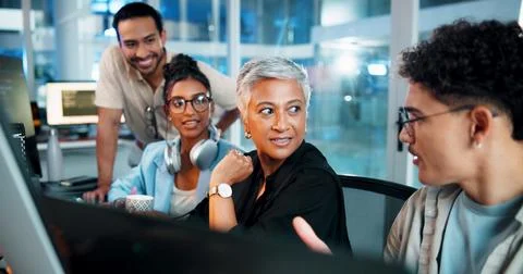 Office, programmer and group with computer, brainstorming and discussion for Foto stock