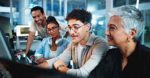 Office, programmer and group with computer, review and brainstorming for Foto stock