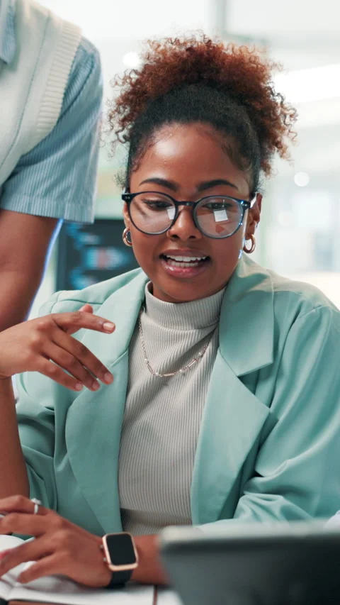 Office, programmer and teamwork with tablet, discussion and woman with notebook Stock Footage 306891584