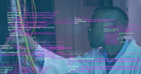 In office, programmer working with animation code on transparent screen Stock Footage 303430530