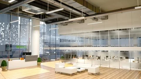 Office reception area with natural light and view of downtown skyscrapers 库存插图