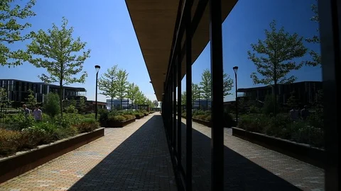 Office Reflected on Windows with people walking Stock Footage 95756217