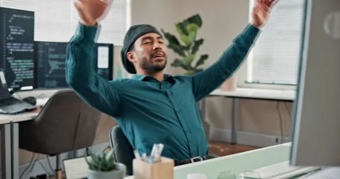 Office, relax and man on computer for coding, programming and done with deadline Stock Footage 347356351