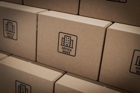 Office Relocation Concept. Cardboard Boxes With Printed Office Move Icon St.. Illustration