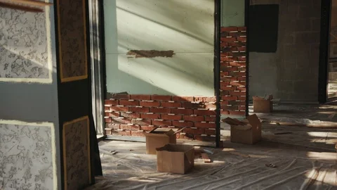 The office is in repair red brick construction sunset light burning building Stock Footage 95928232
