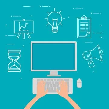 Office report and hand with computer technology Stock Illustration