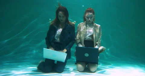 Office rivalry. Two young beautiful serious partner business women use laptops Video stock 171444483