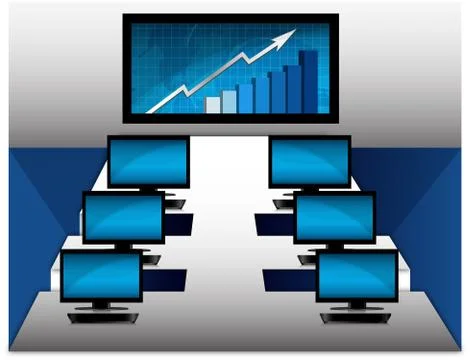 Office room with computer and presentation screen. Stock Illustration