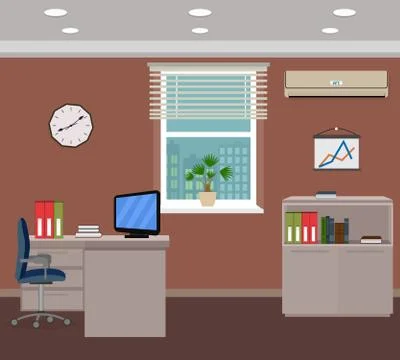 Office room interior design. Inside workplace with furniture, computer, clock イラスト素材