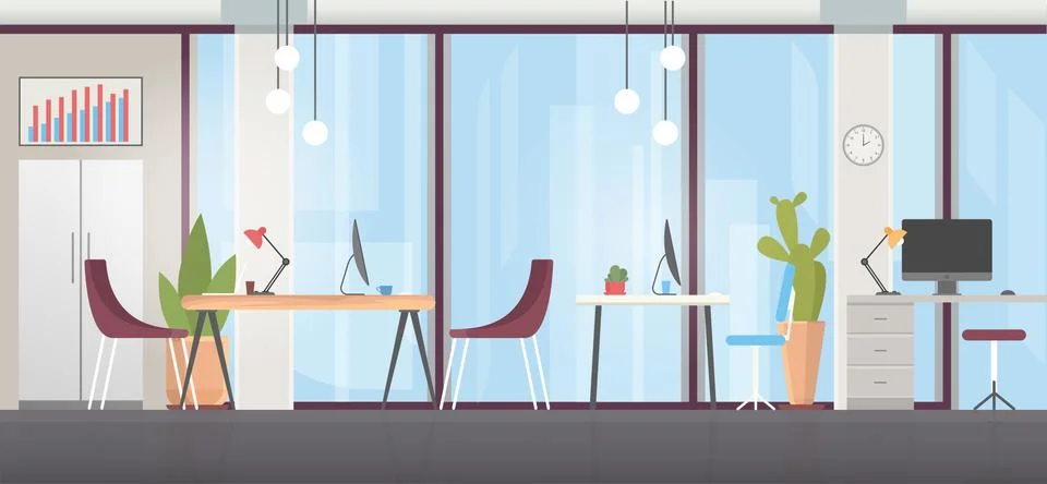 Office room interior flat vector illustration, cartoon modern wide business 库存插图