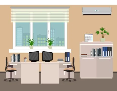 Office room interior including two work spaces with cityscape outside window. Stock Illustration