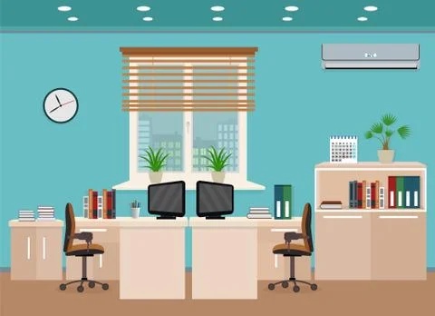 Office room interior including two work spaces with cityscape outside window. Stock Illustration