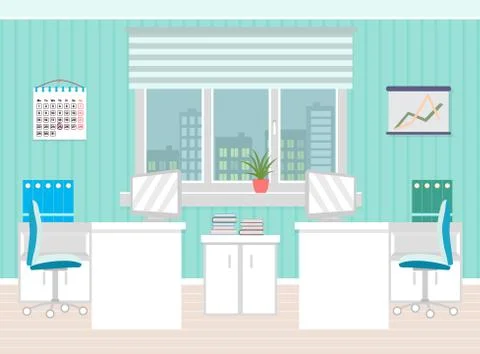Office room interior including work spaces with furniture, cityscape in windo Stock Illustration